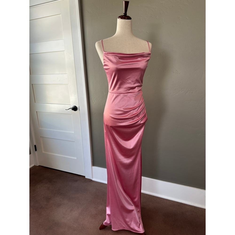 New B.Darlin Formal Gown Sz 5/6 Pink Satin Cowl Neck Ruched Slit Floor Length - Picture 4 of 14